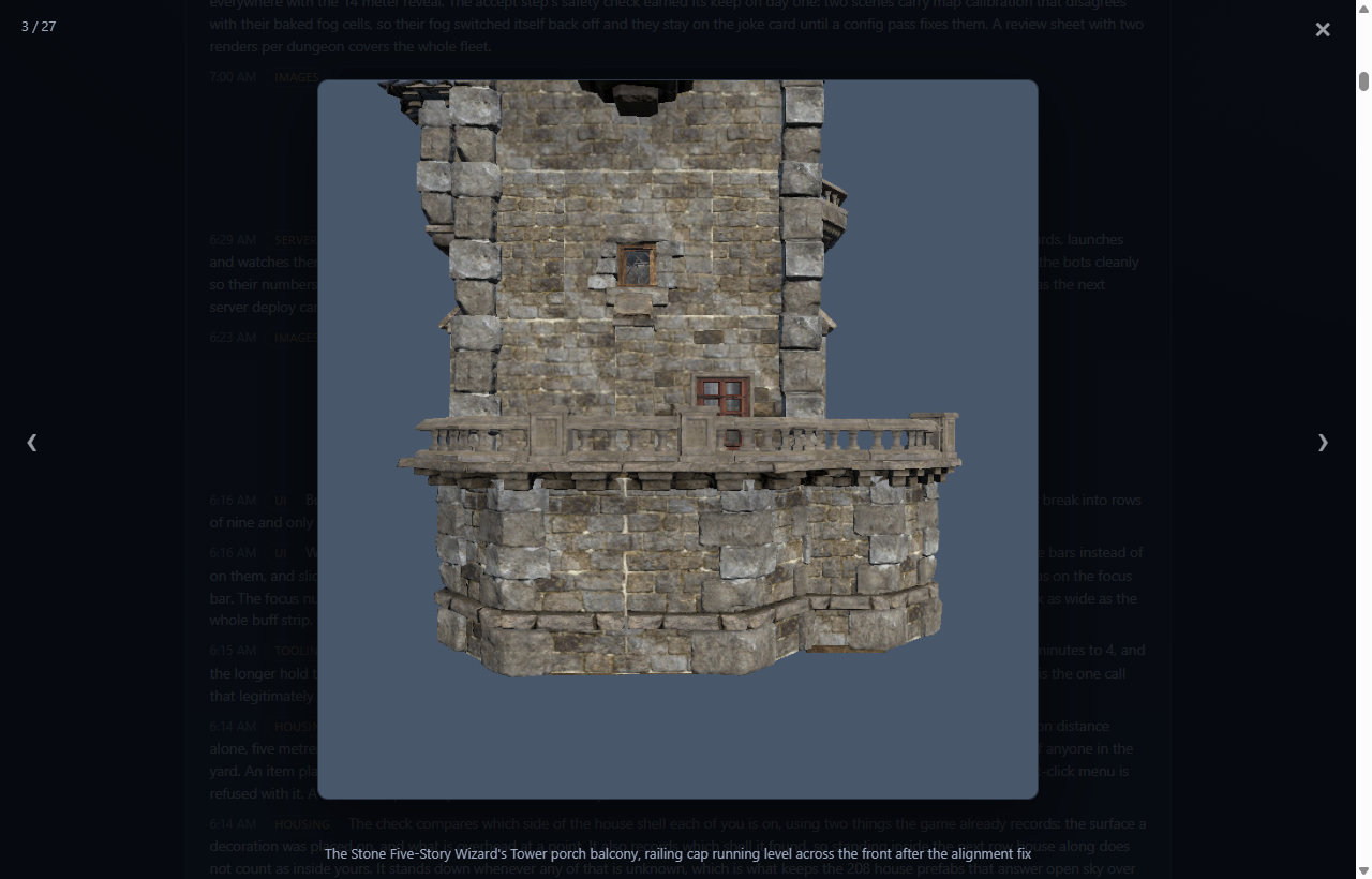 The work log in newest-first view with a thumbnail expanded to full size over it, showing a stone tower balcony, a 3 of 27 counter and left and right arrows