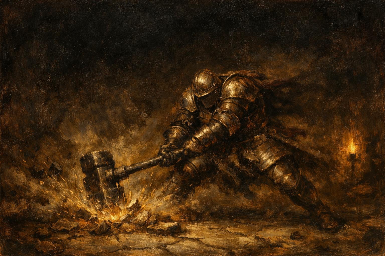 Oil painting of an armored knight swinging a two-handed war hammer into cracked flagstones