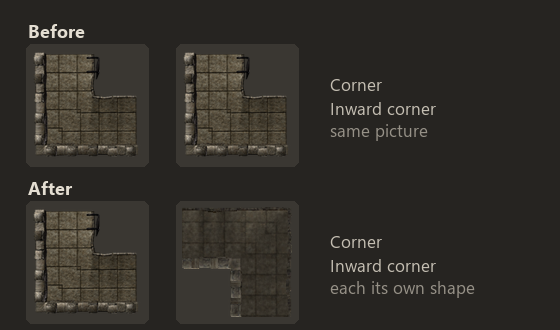 Stone castle wall corner icons before and after