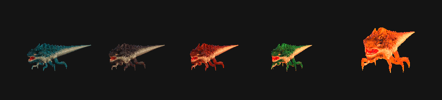 All five wrasse tiers side by side, from the teal Cave Wrasse to the molten Broodmother