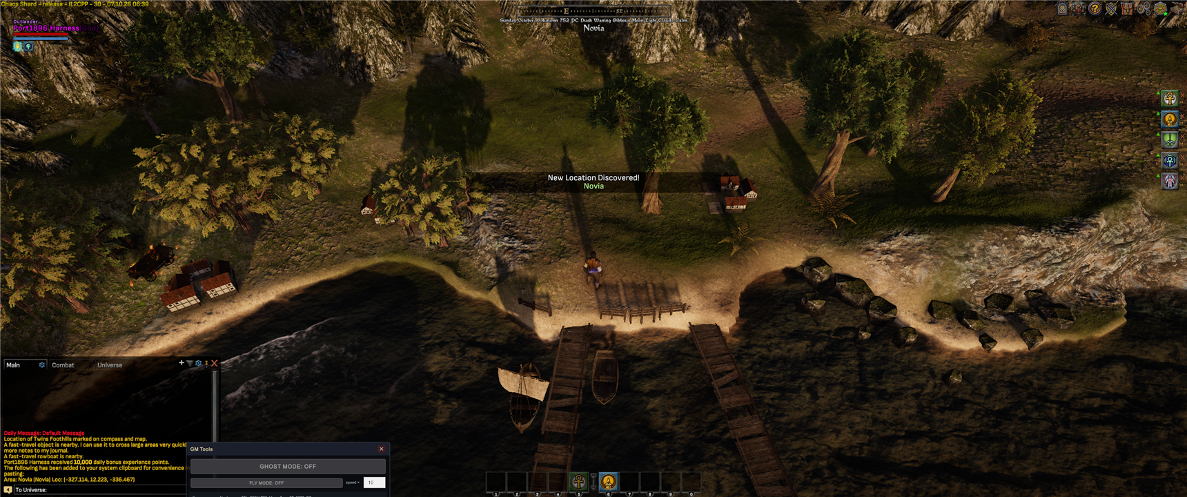A scripted verification session on the Novia overworld beach: the corner build label reads build 30 while the launcher channel called the same build 32, the GM Tools window is open after a /gm command, and the old red Daily Message placeholder shows in chat