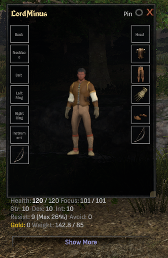 The character sheet on the new UI framework: name, live 3D character, equipment slots down both sides, and the stats panel