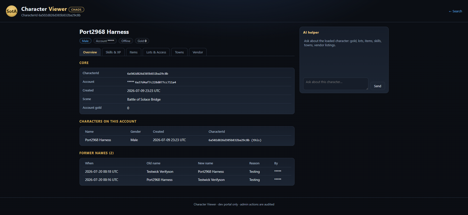 Character Viewer page showing a Chaos server badge and a table of former character names