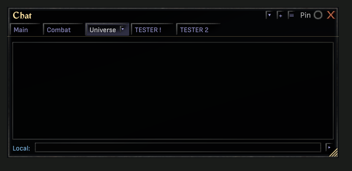 Chat window tab row with five tabs, Main, Combat, Universe, TESTER ! and TESTER 2, each name inside its own tab with a clear gap, and the options arrow on the selected Universe tab