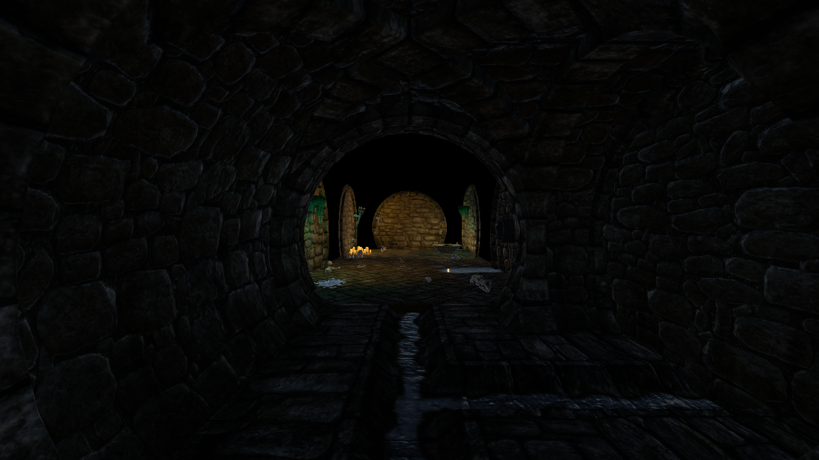 Looking down a stone sewer tunnel into a candlelit flooded cistern chamber with glowing moss on the walls