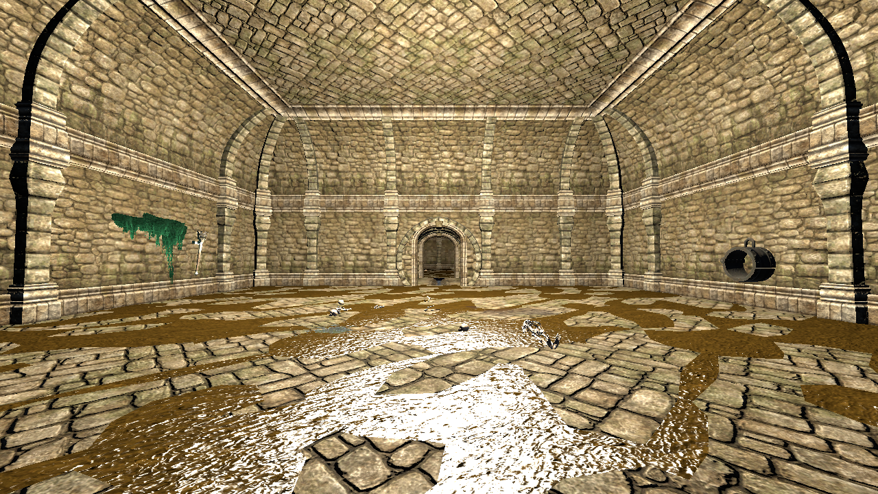 The great cistern of the generated dungeon, now a fully walled and vaulted room with standing water and an arched doorway