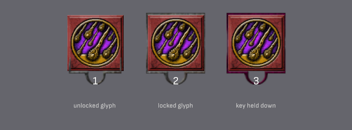 Three combat bar slots showing the unlocked, locked and key-held states