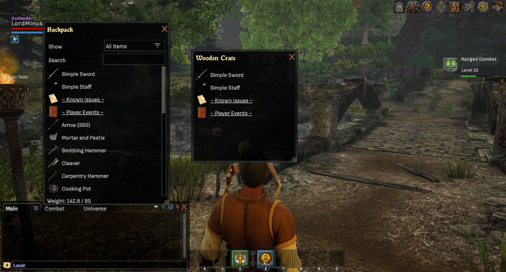 The small quick-loot window beside the full backpack window