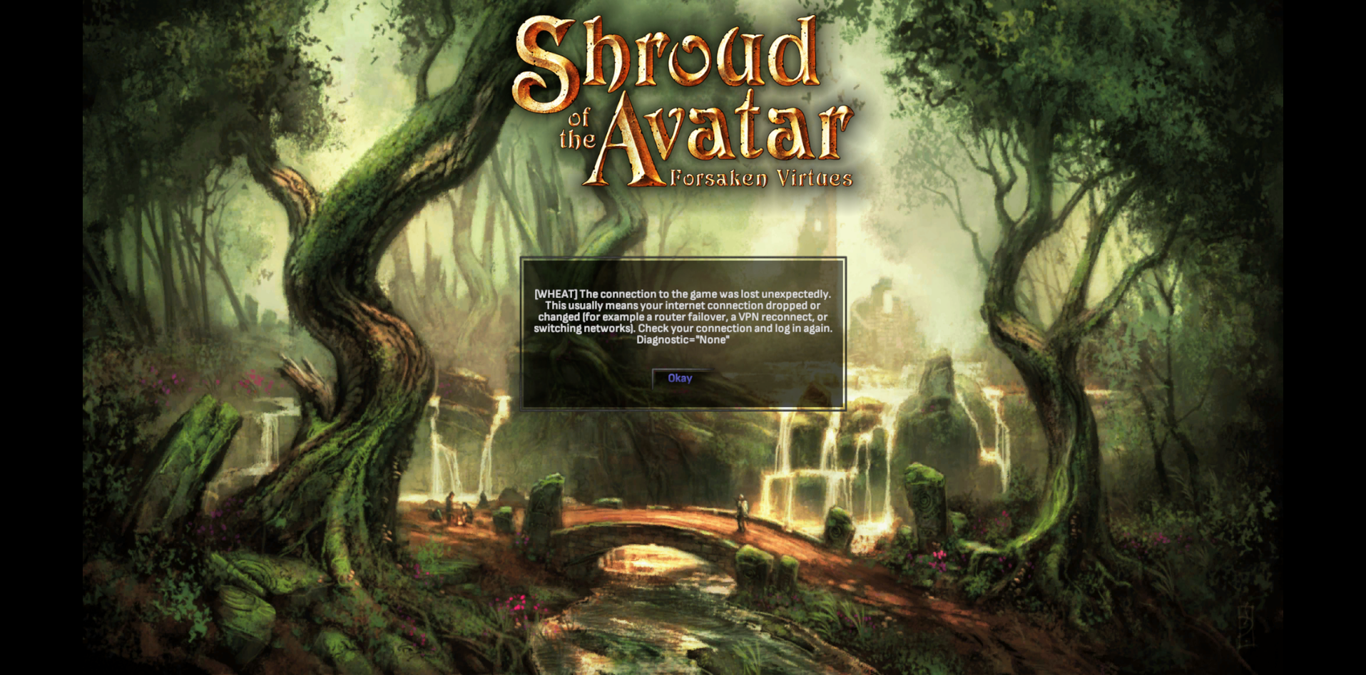 The rewritten connection-lost dialog on the login screen, explaining that the internet connection likely dropped or changed and to check the connection and log in again, with the WHEAT support code kept in front