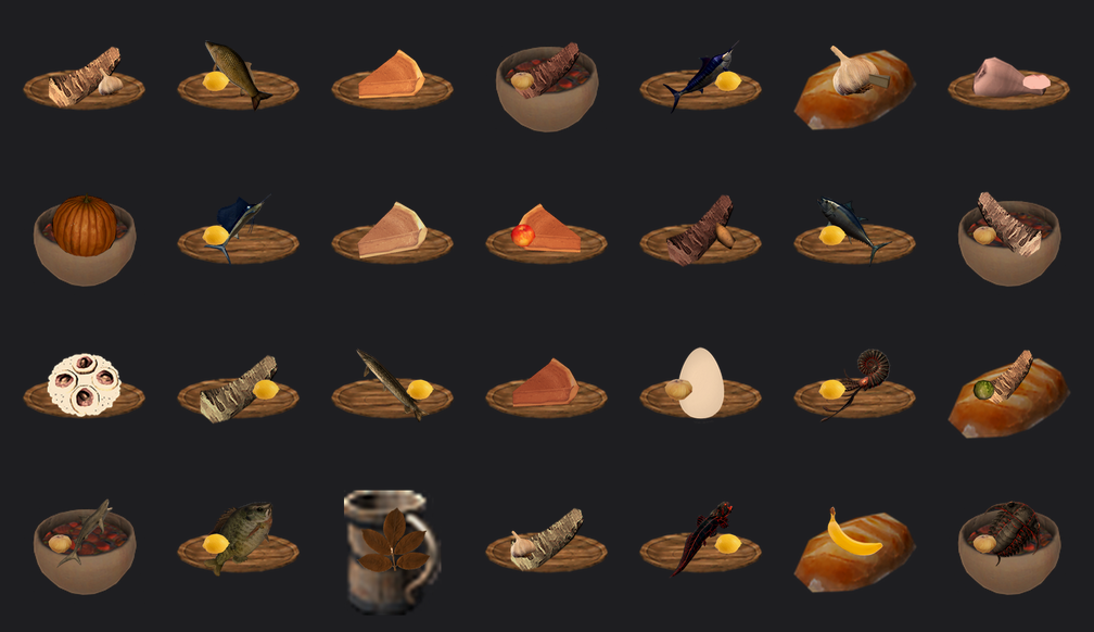 A grid of cooked dish icons: plated fish, pie slices, stews in bowls and sandwiches