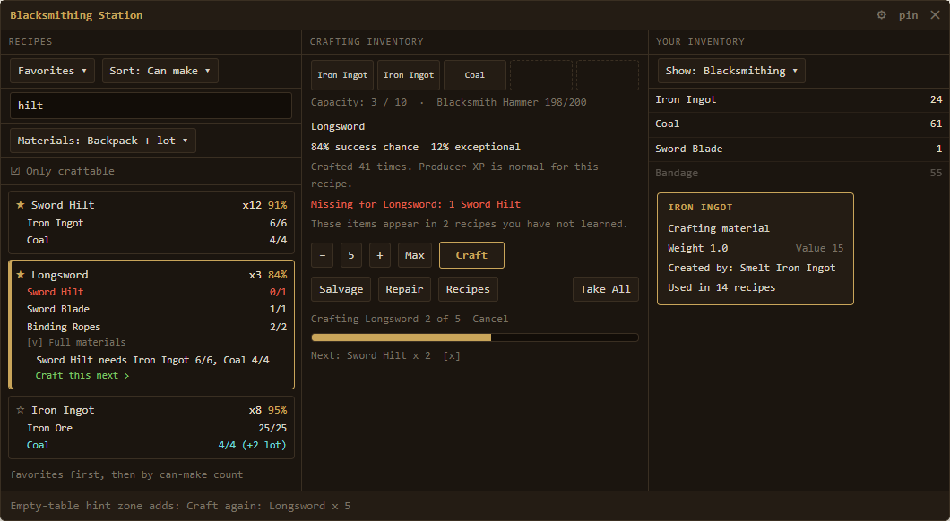 Mockup of the proposed crafting station window from the crafting improvement plan: favorites and sort on the recipe list, a materials source selector, an expanded shopping-list card, instant success chances, a Max button, and a visible craft queue