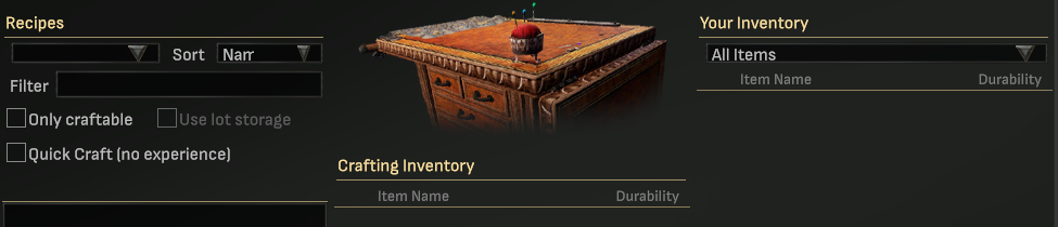 Crafting window before: the Crafting Inventory heading sits below the station picture, lower than Recipes and Your Inventory