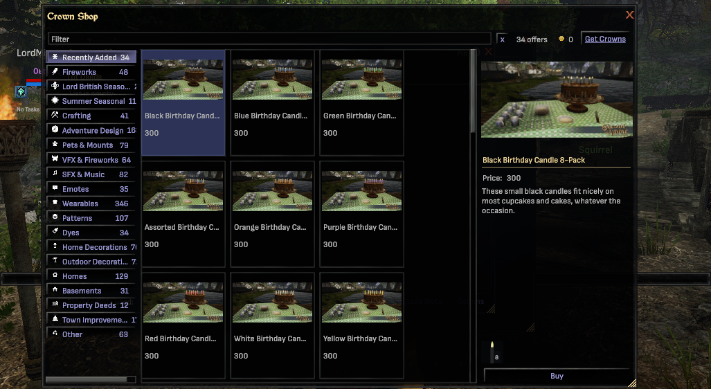The Crown Shop on the new interface: category list with counts, scrolling shelf of item cards, and the detail pane with the Buy button