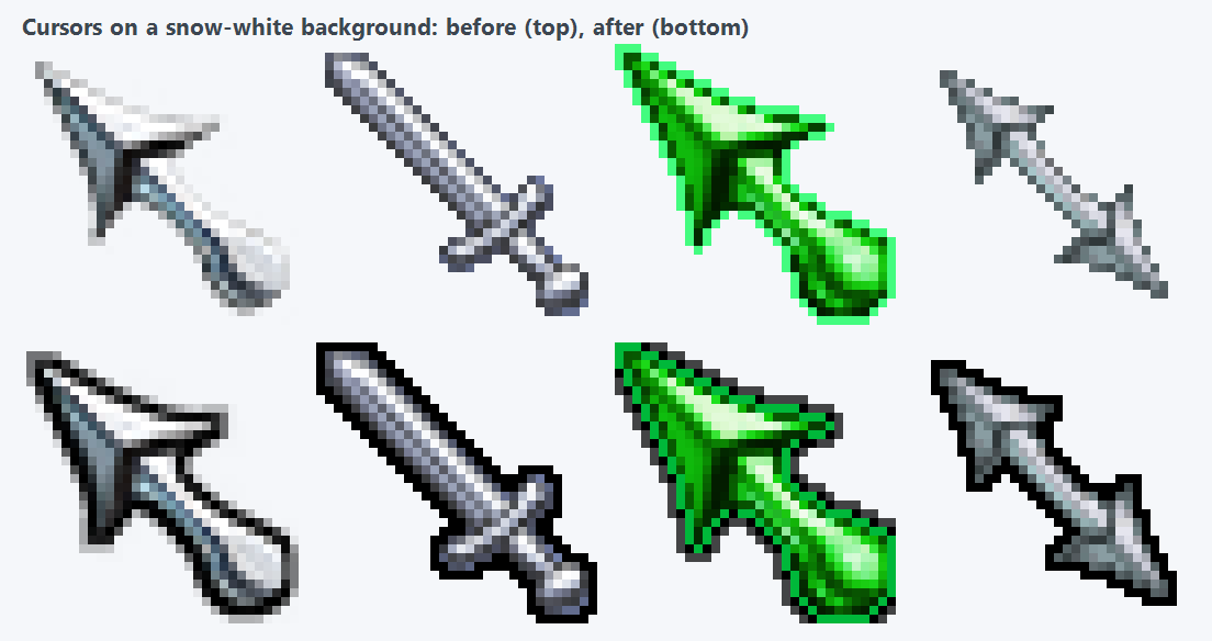 Four mouse cursors shown on a snow-white background, before on top and after on the bottom: the original silver cursors nearly disappear while the outlined versions stand out clearly