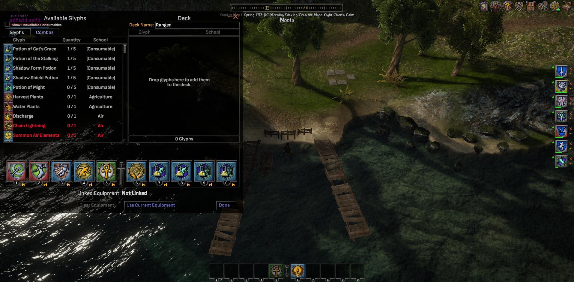 Deck builder window listing the four reported buff potions as available, with all four locked onto combat bar slots below