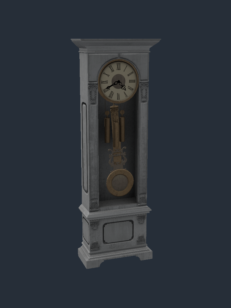 A grandfather clock rendered from the current chaos content packs: the whole case is washed-out white because the wood-grain detail feature was stripped from its shader