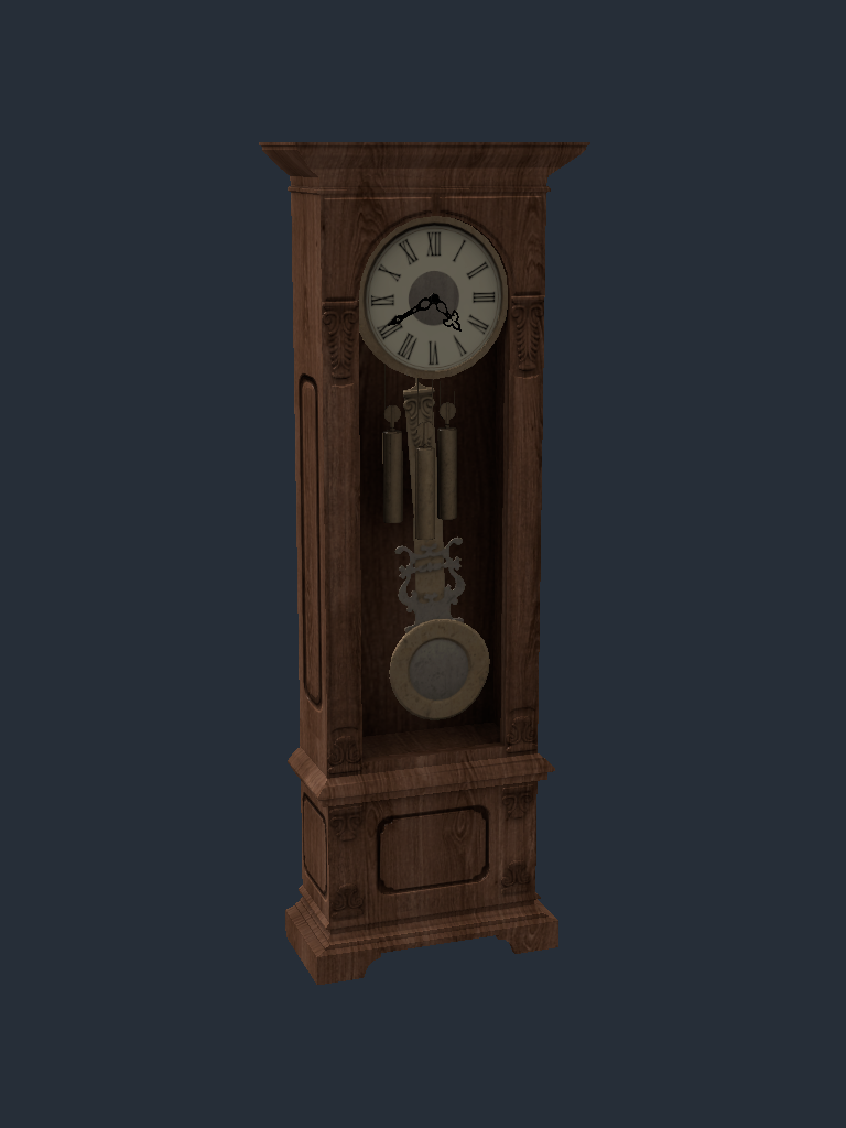 The same grandfather clock rendered from source assets: the case shows its correct warm wood grain, the look the packing fix restores