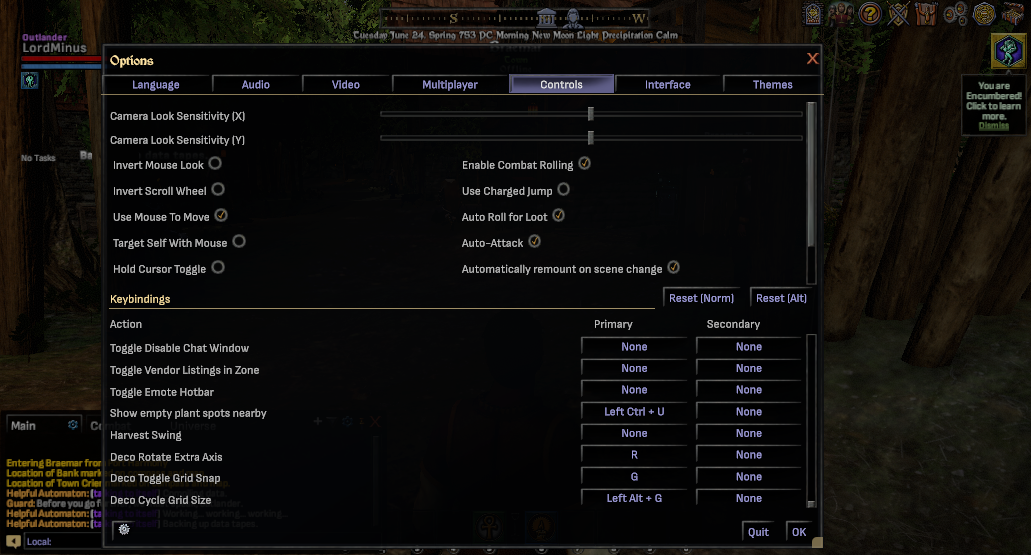 Options window Controls tab listing keybinding rows, ending with Deco Toggle Grid Snap bound to G and Deco Cycle Grid Size bound to Left Alt + G