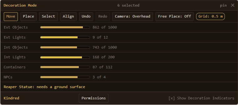 Mockup of the proposed decoration mode strip: a mode row with Move, Place, Select, Align, undo and redo, an overhead camera toggle, numbered limit meters, and a status line explaining a failed placement