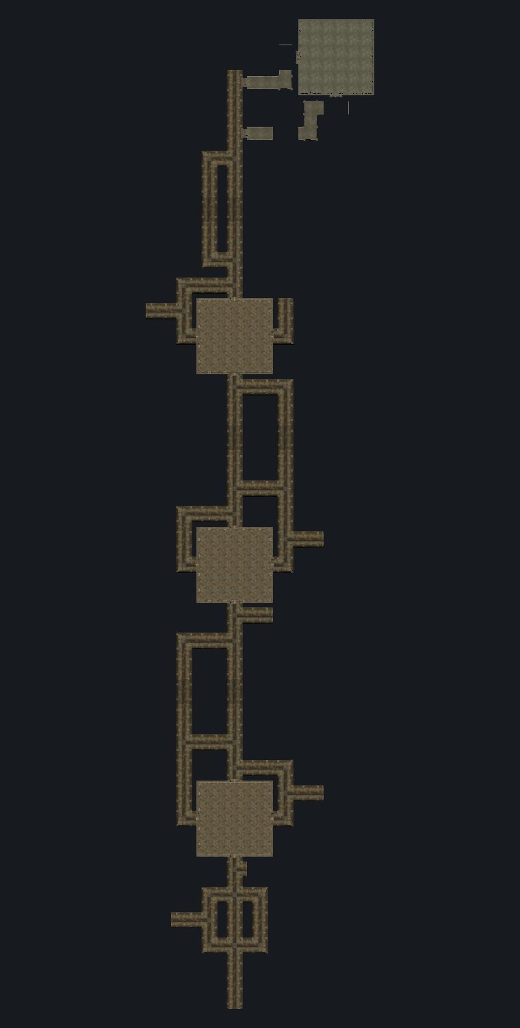 Top-down plan of the Drowned Vaults: an entrance ring at the bottom, three hub rooms each wrapped by a gallery loop, and the vault wing at top right