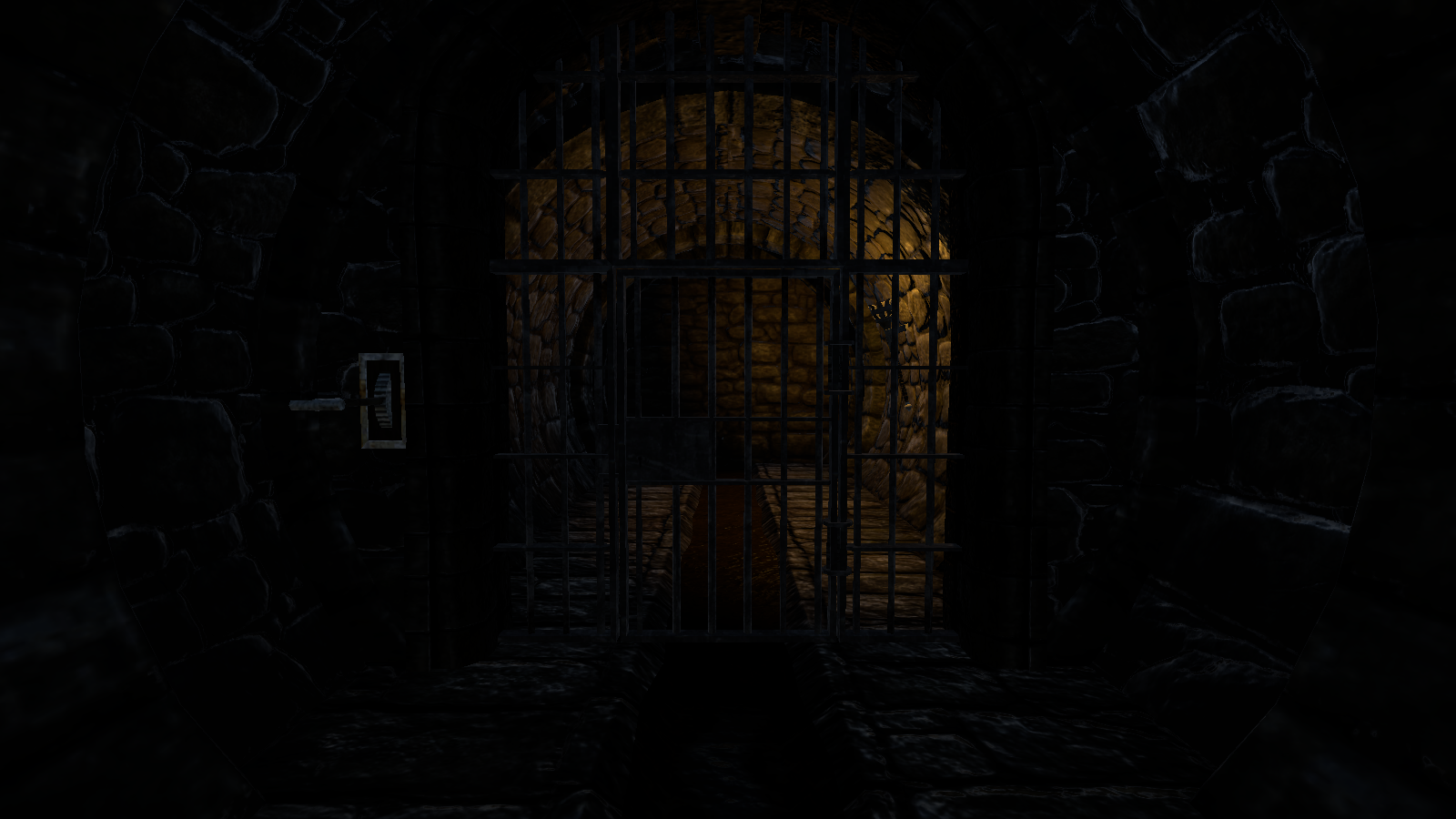 Barred iron gate set into a round stone sewer tunnel opening, with a small wall switch on the left and a water channel running through beneath it