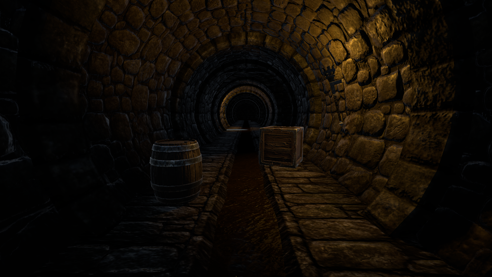 Torch-lit stone sewer tunnel with a wooden barrel and crate resting on the floor either side of a central water channel