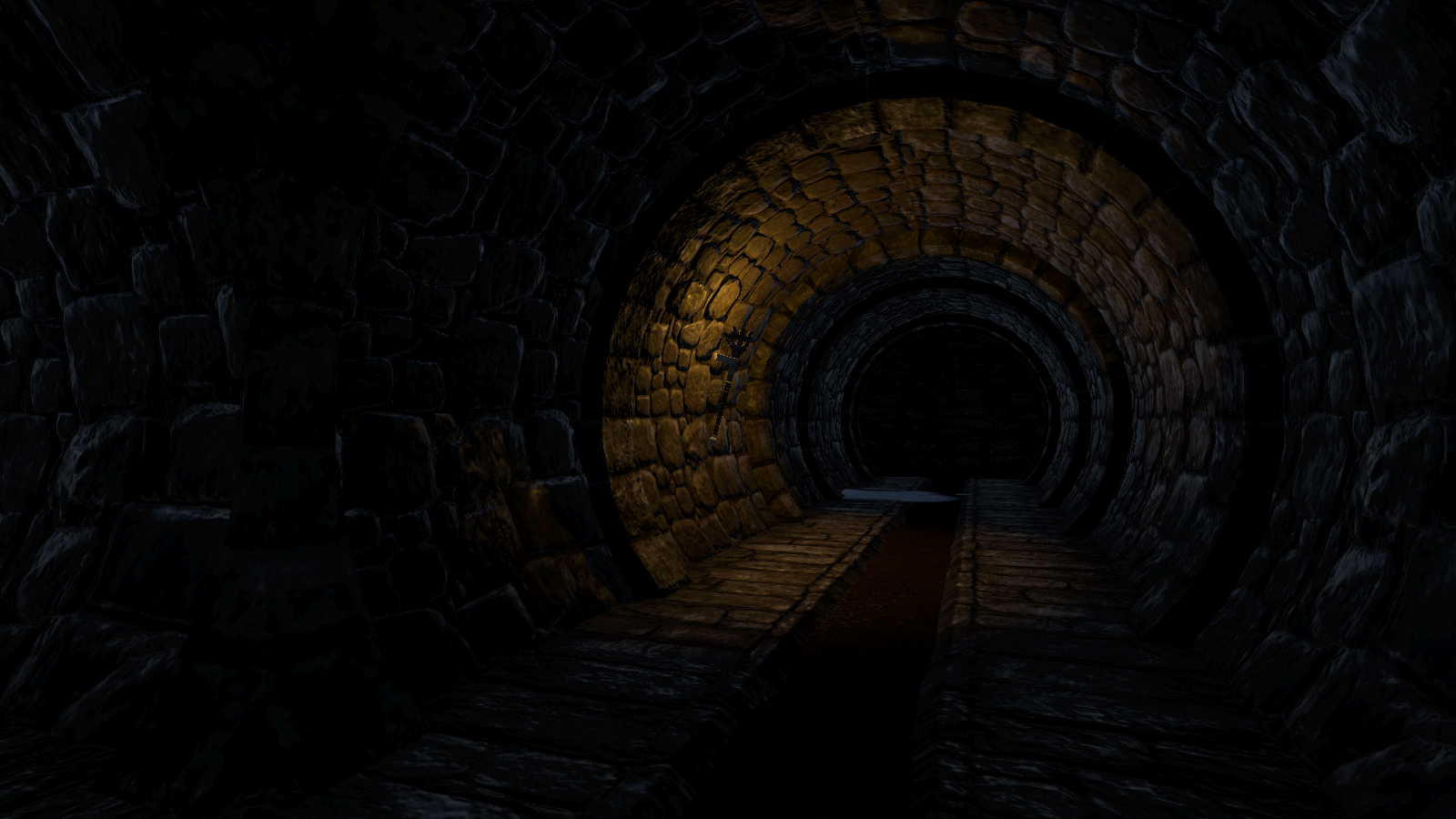 Torch-lit stone sewer tunnel interior with warm light on the wall, a water channel in the floor, and a puddle reflecting light in the distance