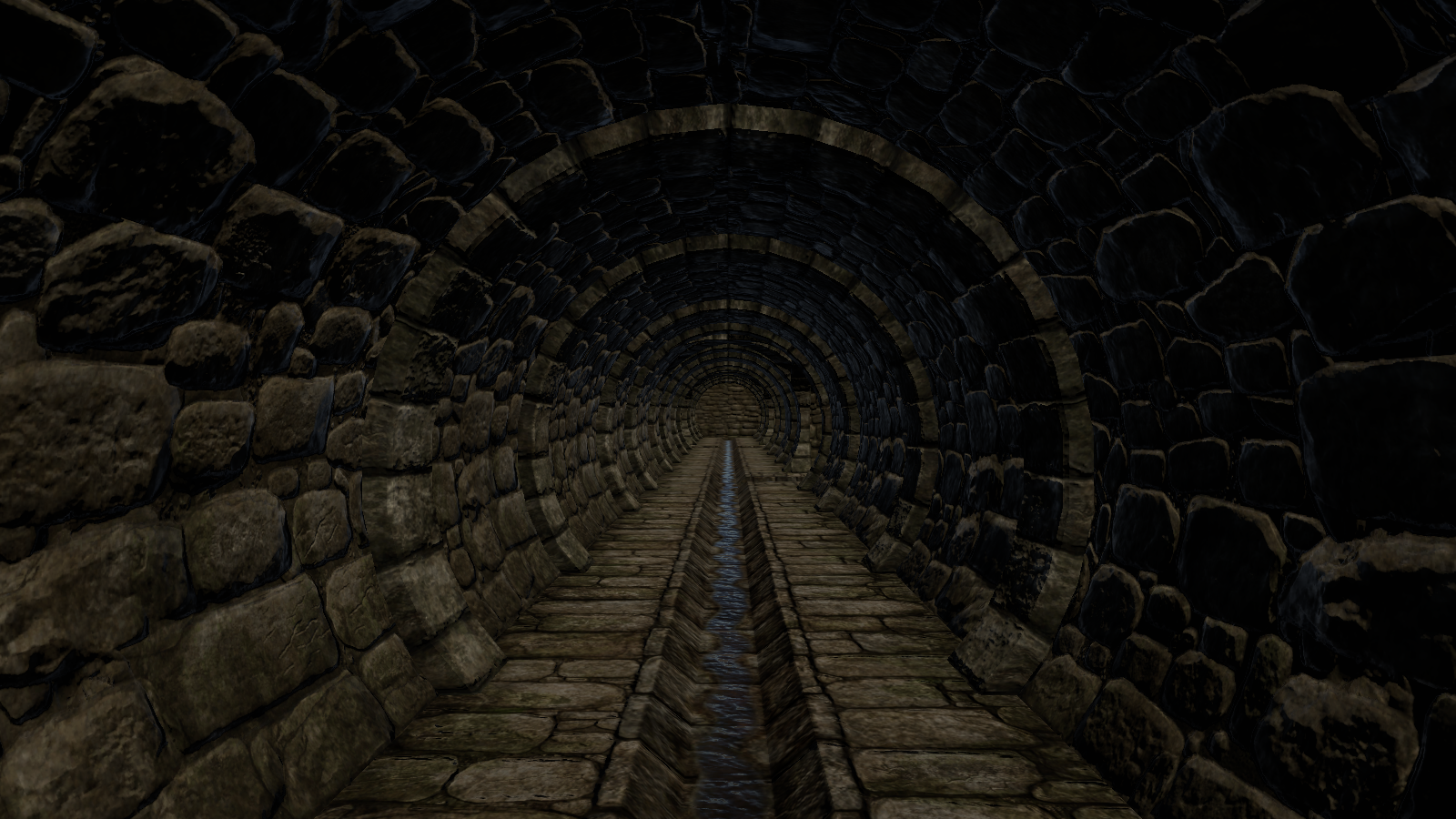 Interior view down a round stone sewer tunnel with a water channel in the floor, assembled from modular kit pieces