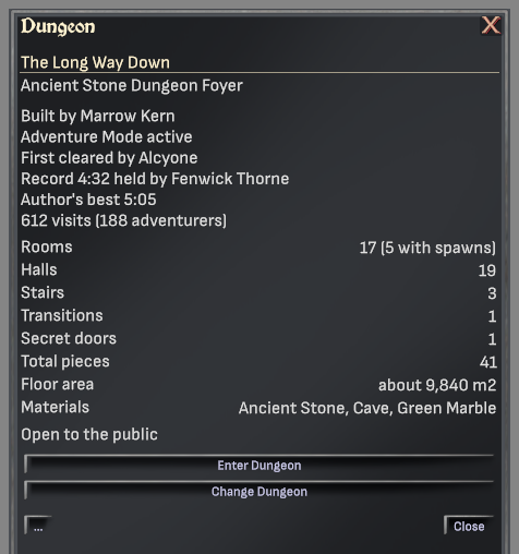 Dungeon entrance window showing a layout breakdown