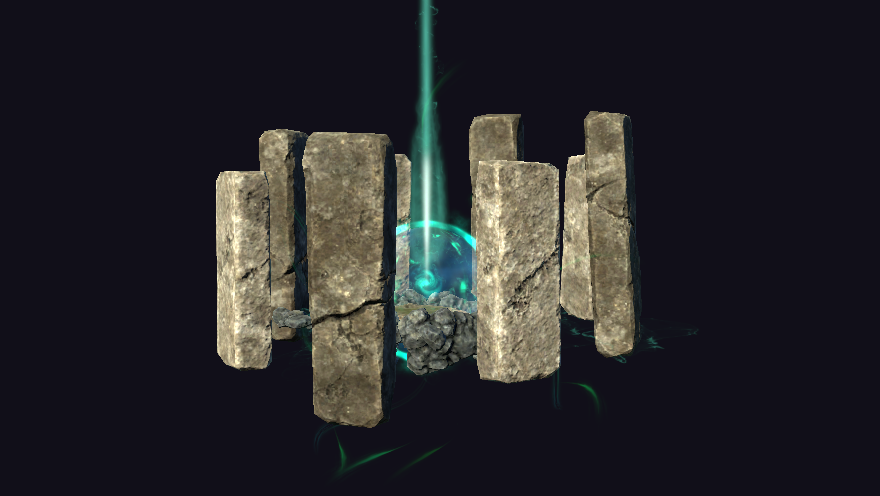 A ring of standing stones around a glowing blue-green rift, with a beam rising from it
