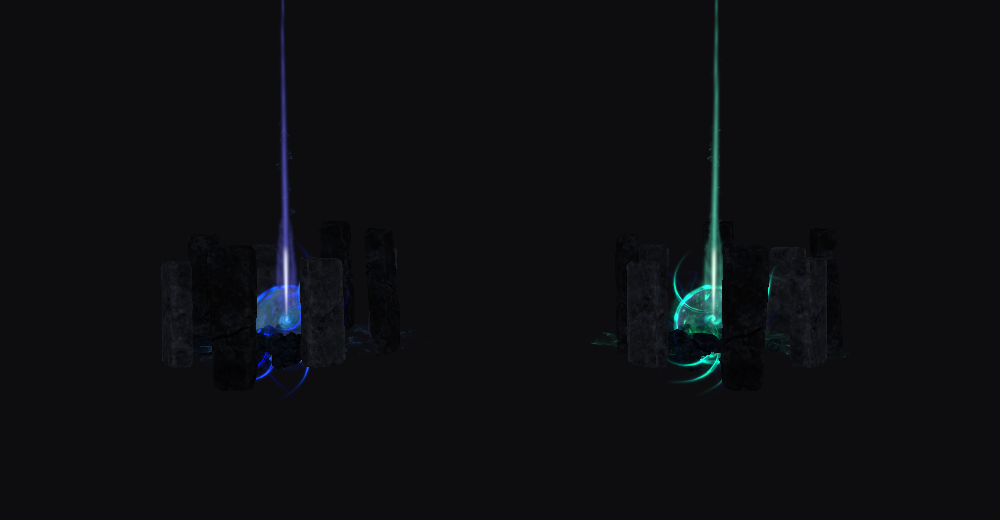 A blue dungeon entrance rift beside a green dungeon waygate rift