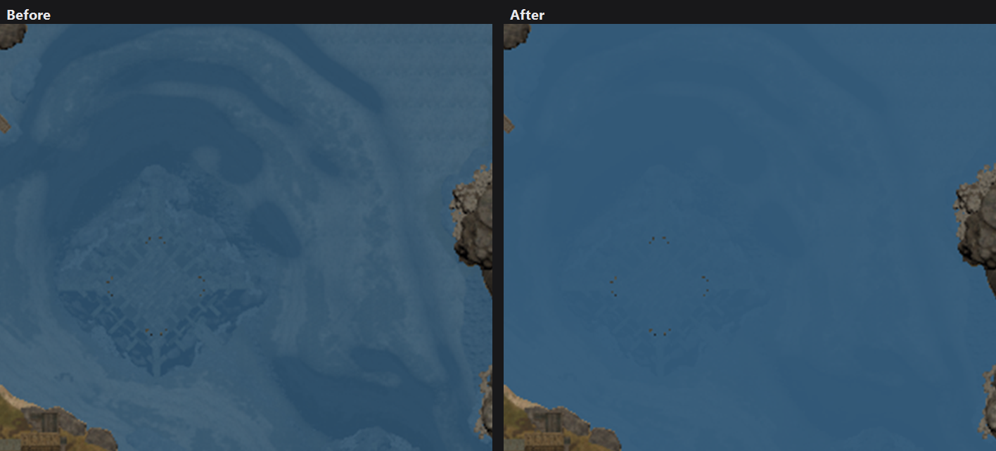 Two crops of the East Vauban lake side by side, the first showing a clearly outlined sunken castle, the second showing only a faint shape