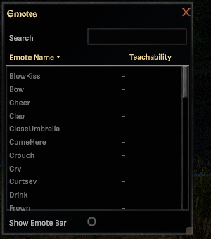 The emotes window on the new UI framework, with sortable columns and a search box