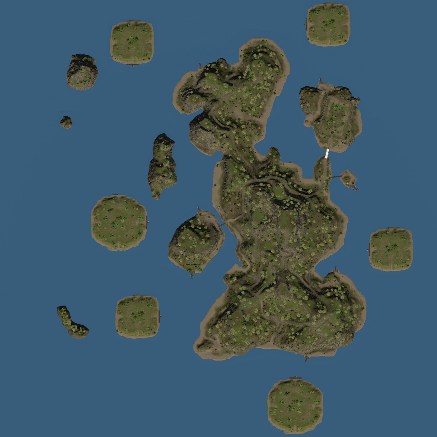 Estercove town map showing the main island and the outlying water lot islands