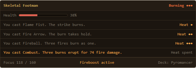 Mockup of the proposed combat readout: burn pips on the target nameplate, heat building cast by cast, and a Combust detonation line