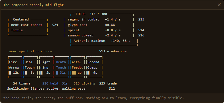 Dark game window mockup showing a hand of glyphs with timers, a focus breakdown panel, and a stance status line