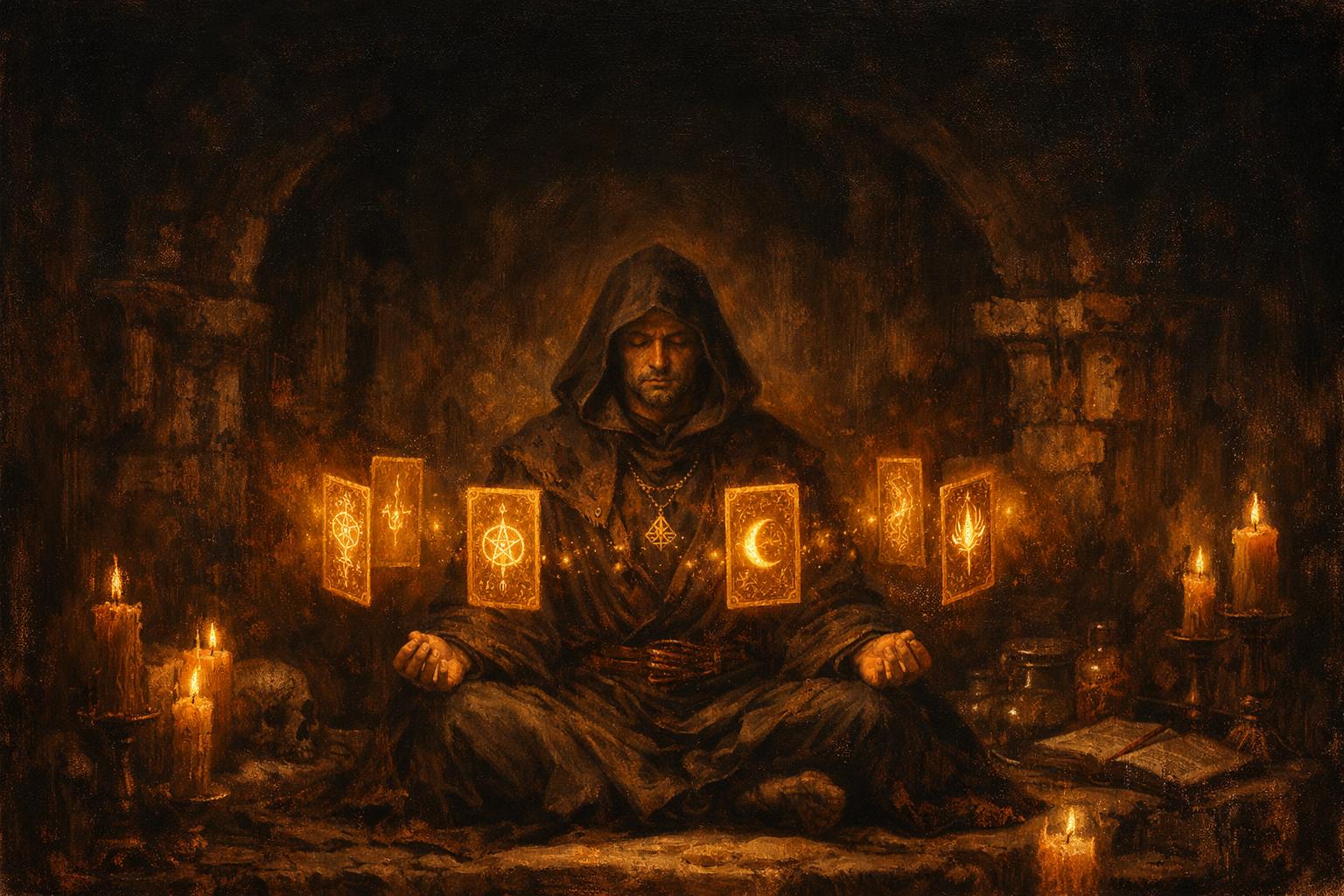 Oil painting of a hooded figure meditating in a candle-lit sanctum with glowing glyph cards orbiting