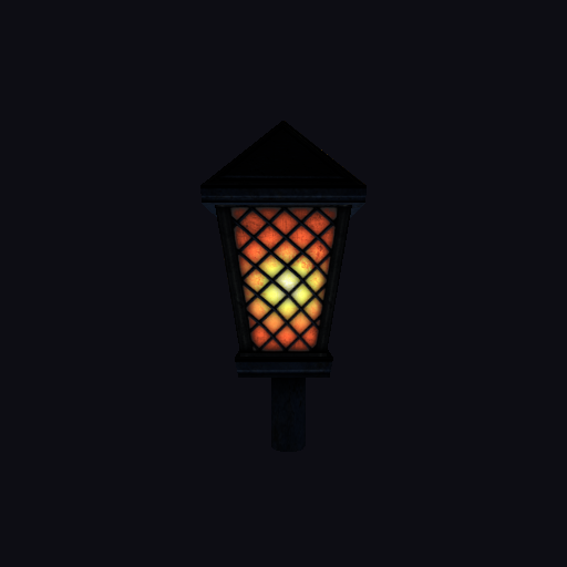 The same galleon lantern rendered with the fixed packing: the glass panes glow orange and yellow through the black metal lattice