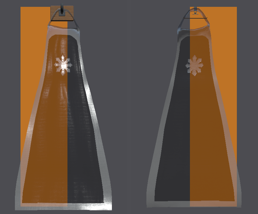 The Gossamer Chaos Cloak hanging as a decoration, seen from both sides in front of an orange panel