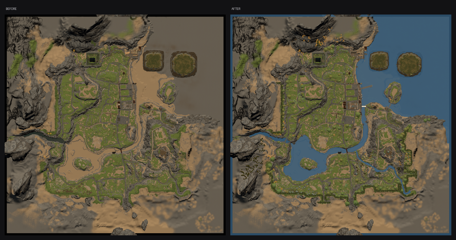 The Graff Island zone map before and after, showing the sea painted in around the island