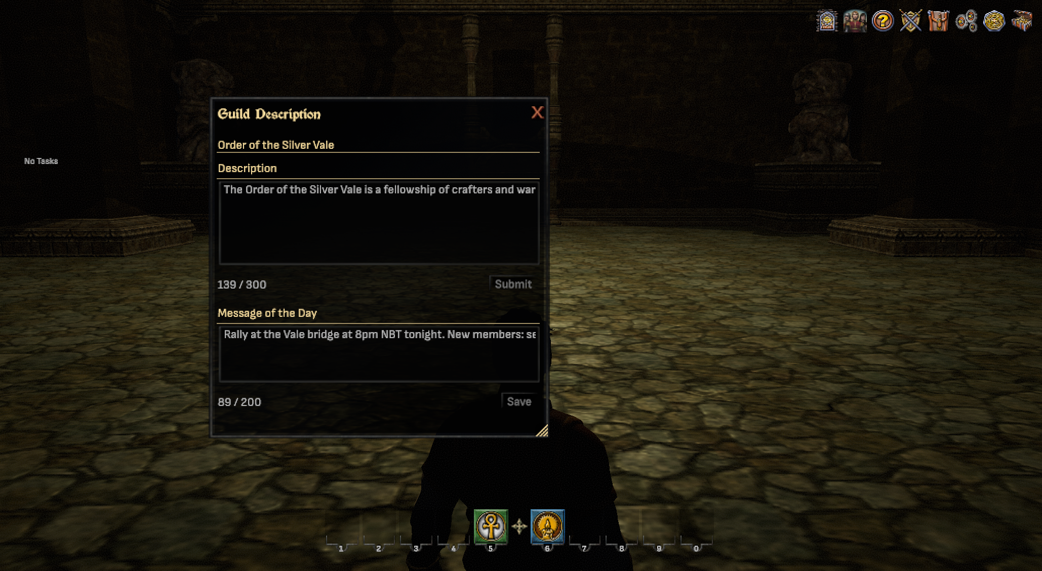 The Guild Description window showing a description field and the new Message of the Day field below it