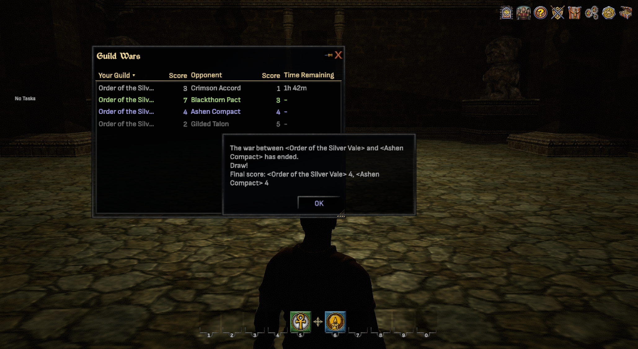 The Guild Wars list with victory, draw and defeat row colors and a popup announcing a drawn war
