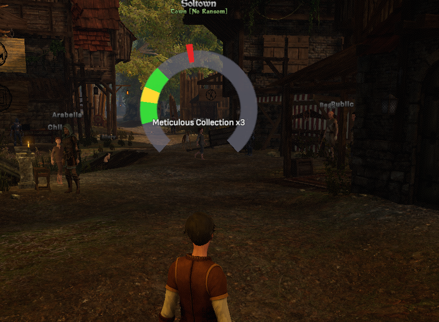 The reworked harvesting swing meter over a Soltown street: a thin ring track with a red marker near the top sweeping toward a green target zone with a gold center, and the Meticulous Collection chain label in the middle of the ring