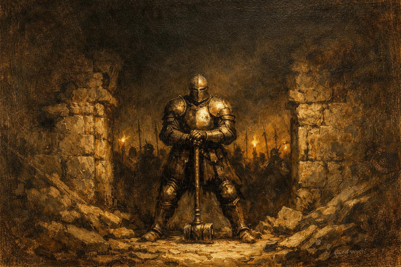 Oil painting of a knight in full plate holding a shattered gateway at night