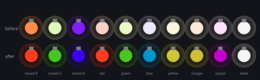 Two rows of holiday light bulbs comparing the old washed out colours with the corrected ones