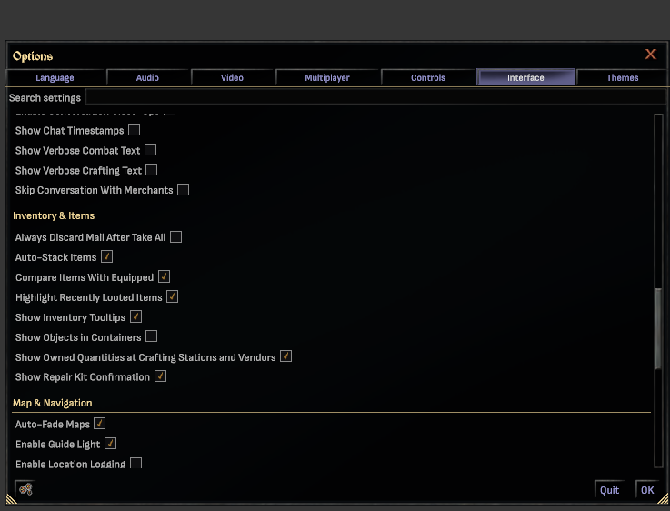 The Interface settings page showing Inventory and Items and Map and Navigation sections
