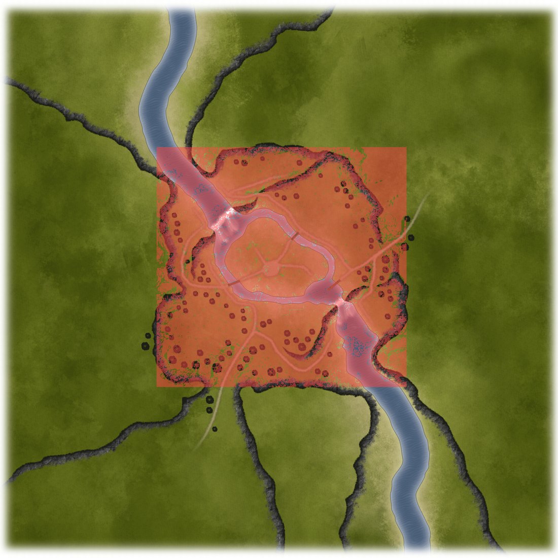 Jaanaford map with the walkable area overlaid in red