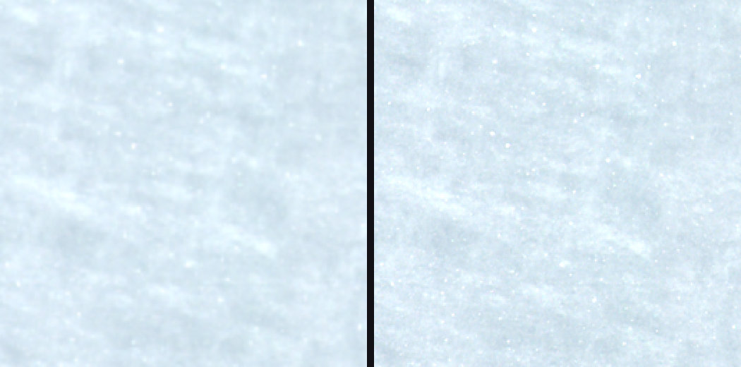 Two crops of a snow texture side by side, the right one showing finer grain