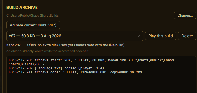 Launcher build archive panel