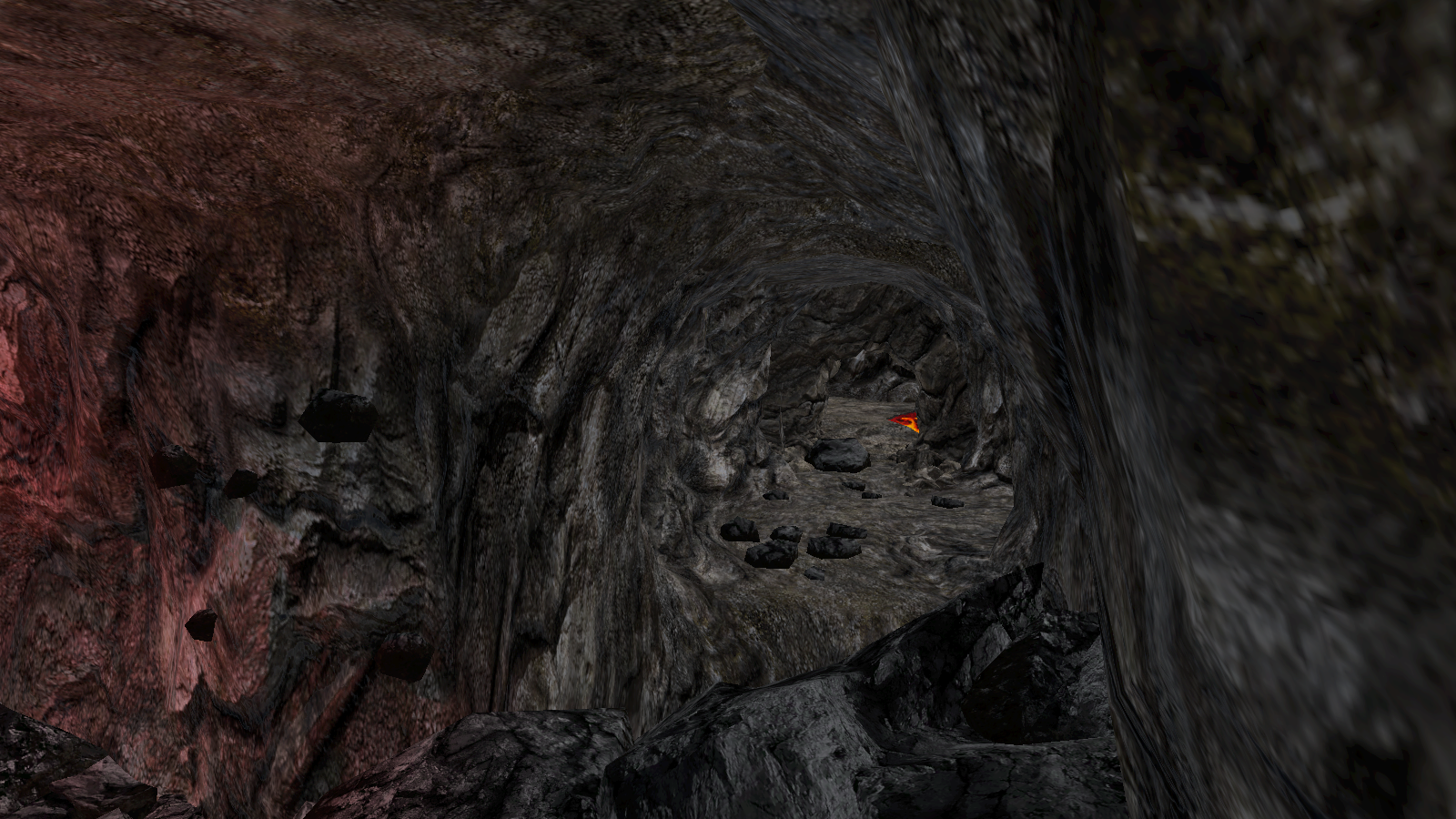 Inside the Cave Stone Lava Grotto player dungeon room in the editor: the raised rocky ledge and tunnel where fire elementals used to wander into the sealed wall pocket and appear inside the rock